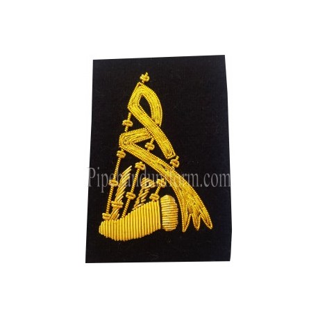 Black Bagpipe Embroidered Badge - Gold Bullion Wire