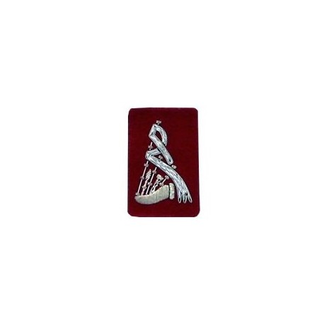 Red Bagpipe Embroidered Badge - Silver Bullion Wire