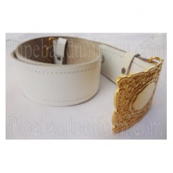 White Leather Pipers Drummers Waist Belt with Gold Buckles