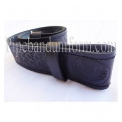 Black Embossed Leather Pipers Drummers Waist Belt with Silver Buckles